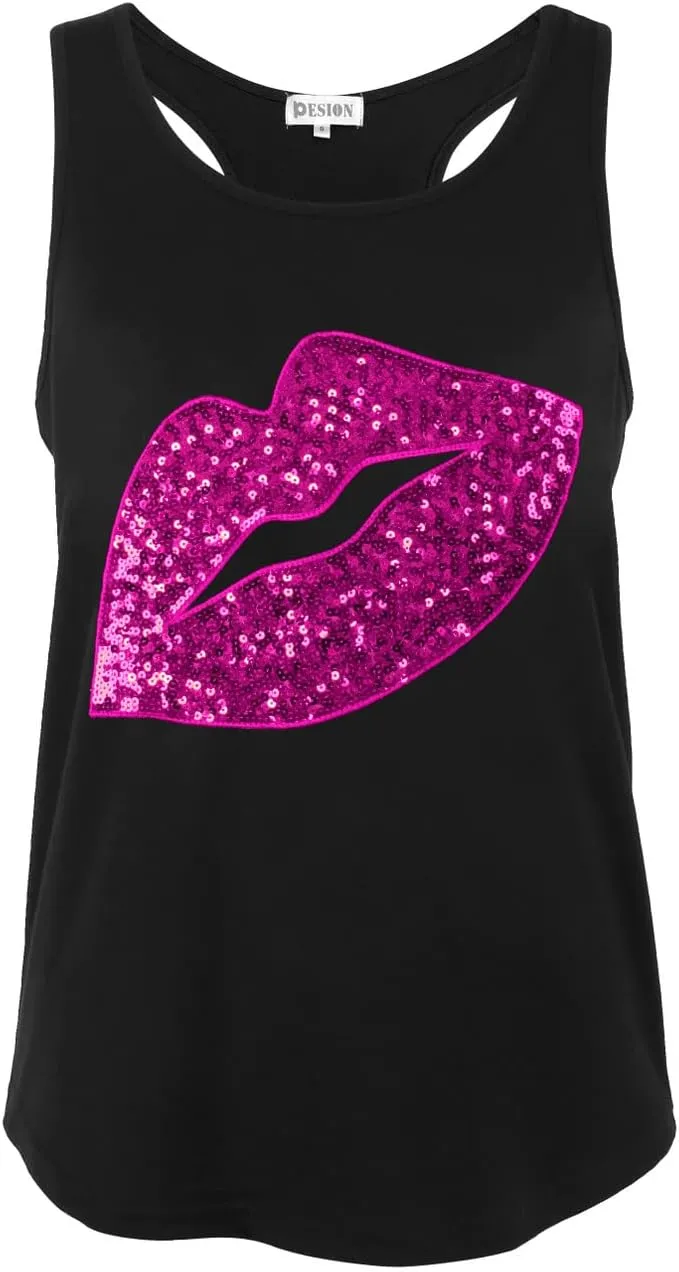 PESION Womens Sparkly Sequin Tank Tops Sleeveless Scoop Neck Loose Fit Workout Shirts Racerback Tees Tops Shirts