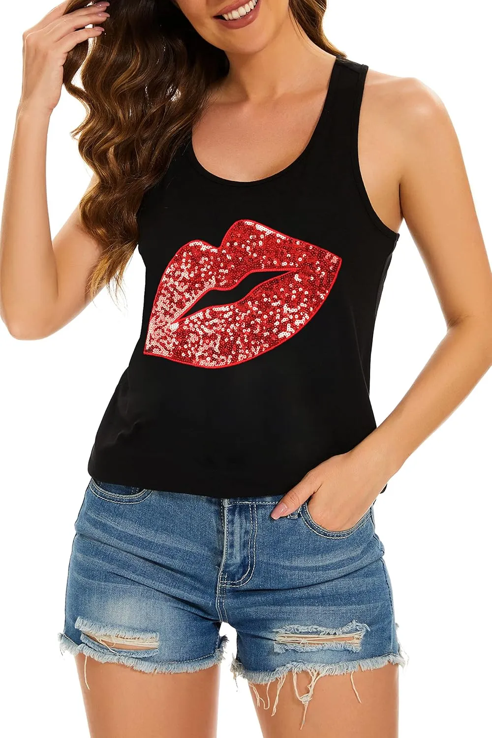 PESION Womens Sparkly Sequin Tank Tops Sleeveless Scoop Neck Loose Fit Workout Shirts Racerback Tees Tops Shirts