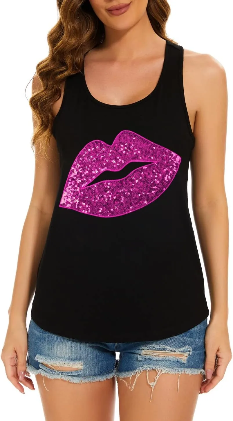 PESION Womens Sparkly Sequin Tank Tops Sleeveless Scoop Neck Loose Fit Workout Shirts Racerback Tees Tops Shirts