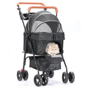 Pet Stroller for Small/Medium Cats Dogs up to 30lbs, 4 Wheels Folding Stroller with Cup Holder, Zipperless Entry, Detachble Portable Pet Bag with Storage Basket (Black)