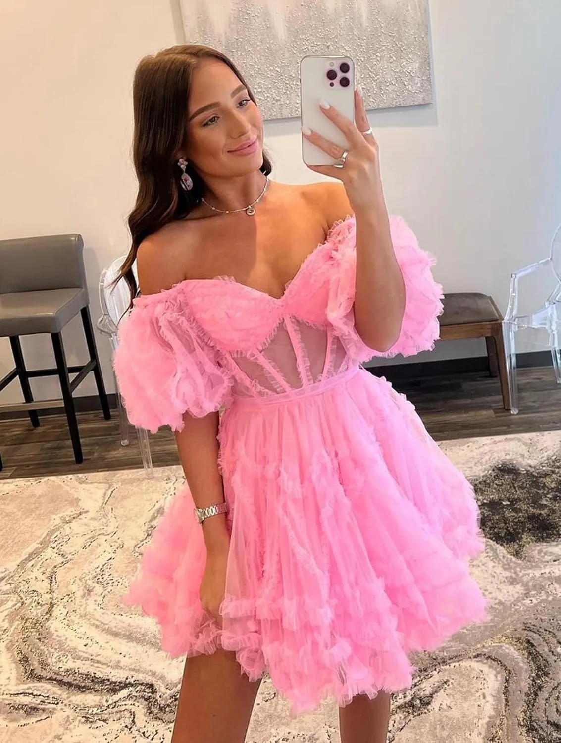 POMUYOO Women's Puffy Sleeve Short Homecoming Dresses Corset Tiered Tulle Prom Ball Gown YG242