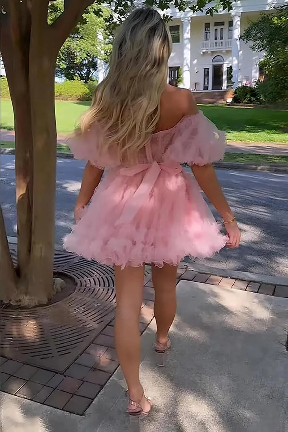 POMUYOO Women's Puffy Sleeve Short Homecoming Dresses Corset Tiered Tulle Prom Ball Gown YG242