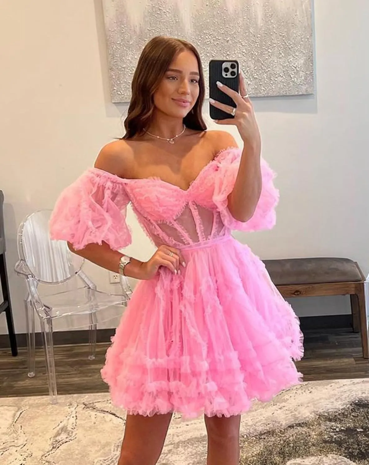 POMUYOO Women's Puffy Sleeve Short Homecoming Dresses Corset Tiered Tulle Prom Ball Gown YG242