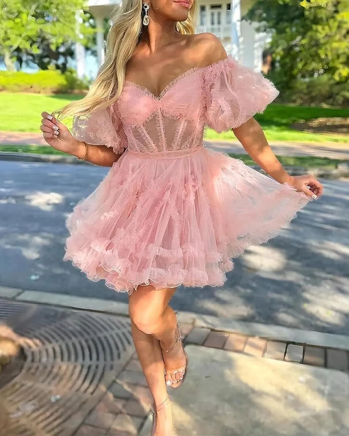 POMUYOO Women's Puffy Sleeve Short Homecoming Dresses Corset Tiered Tulle Prom Ball Gown YG242