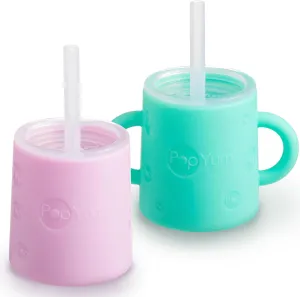 PopYum Silicone Training Cup with Straw   Lid, 2-Pack for Baby, Infant and Toddler, Tumbler, Sippy, handles, 5 ounce (green, pink)