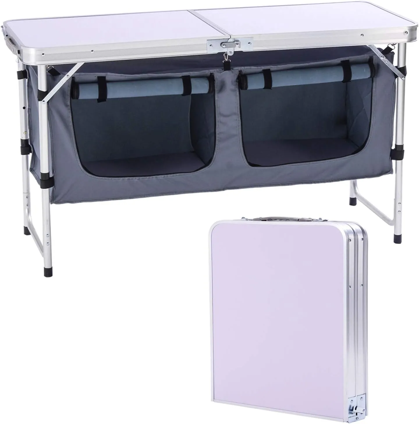 Portable Folding Camping Table Aluminum Lightweight Height Adjustable with Storage Compartment Indoor/Outdoor Table Perfect for Tailgating, Backyards，BBQ, Party and Picnic