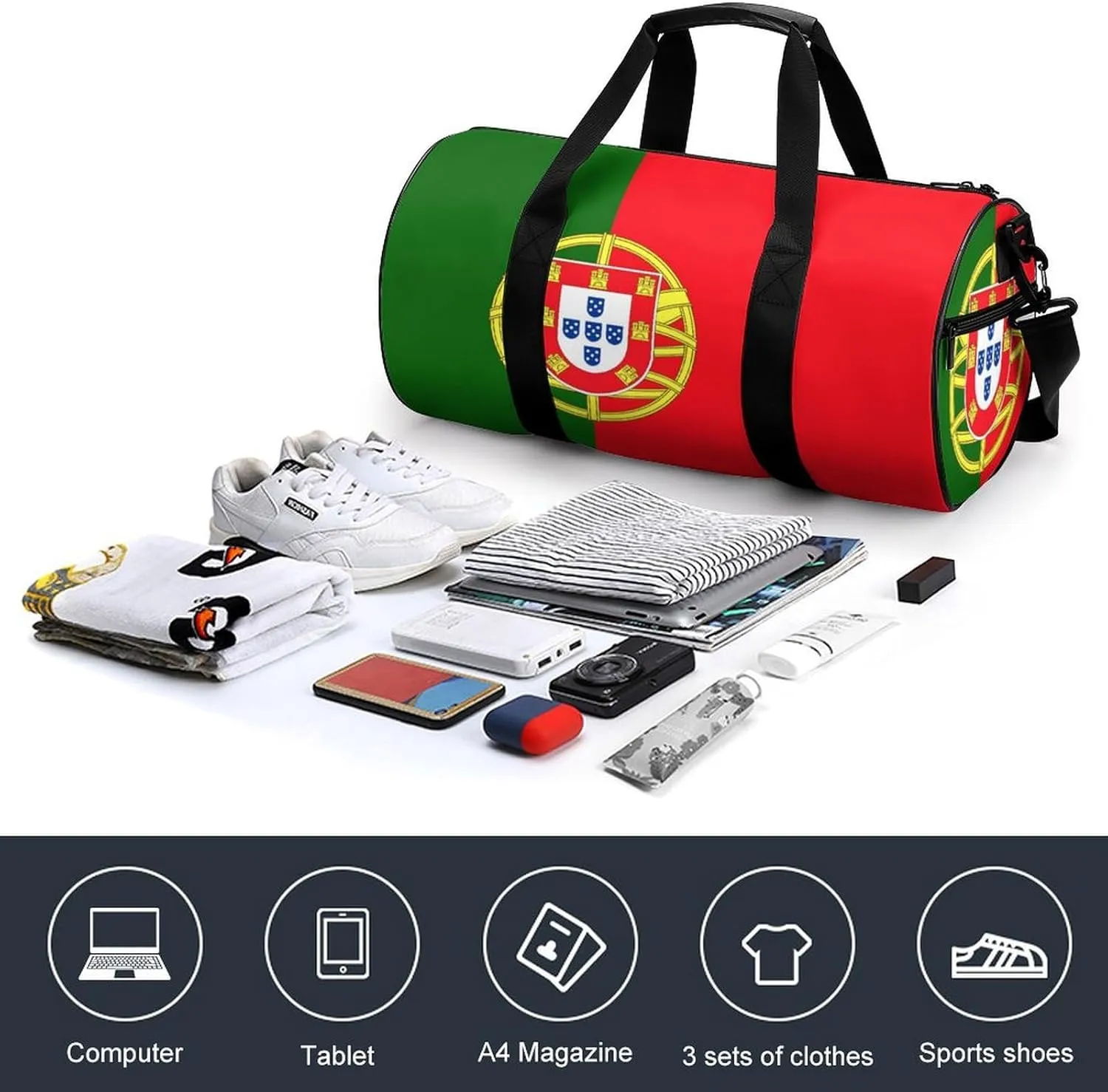Portugal Flag Sports Duffle Bag with Dry Wet Separation Overnight Gym Bag for Men Women Travel