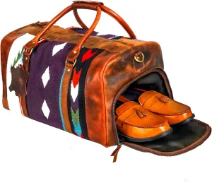 Premium Handmade Duffle Bag leather heavy duty Gym Sports Airplane Overnight Luggage Carry On Unisex Travel Hand woven Rug Bag Wollen Bag Gift for His/Her MO7