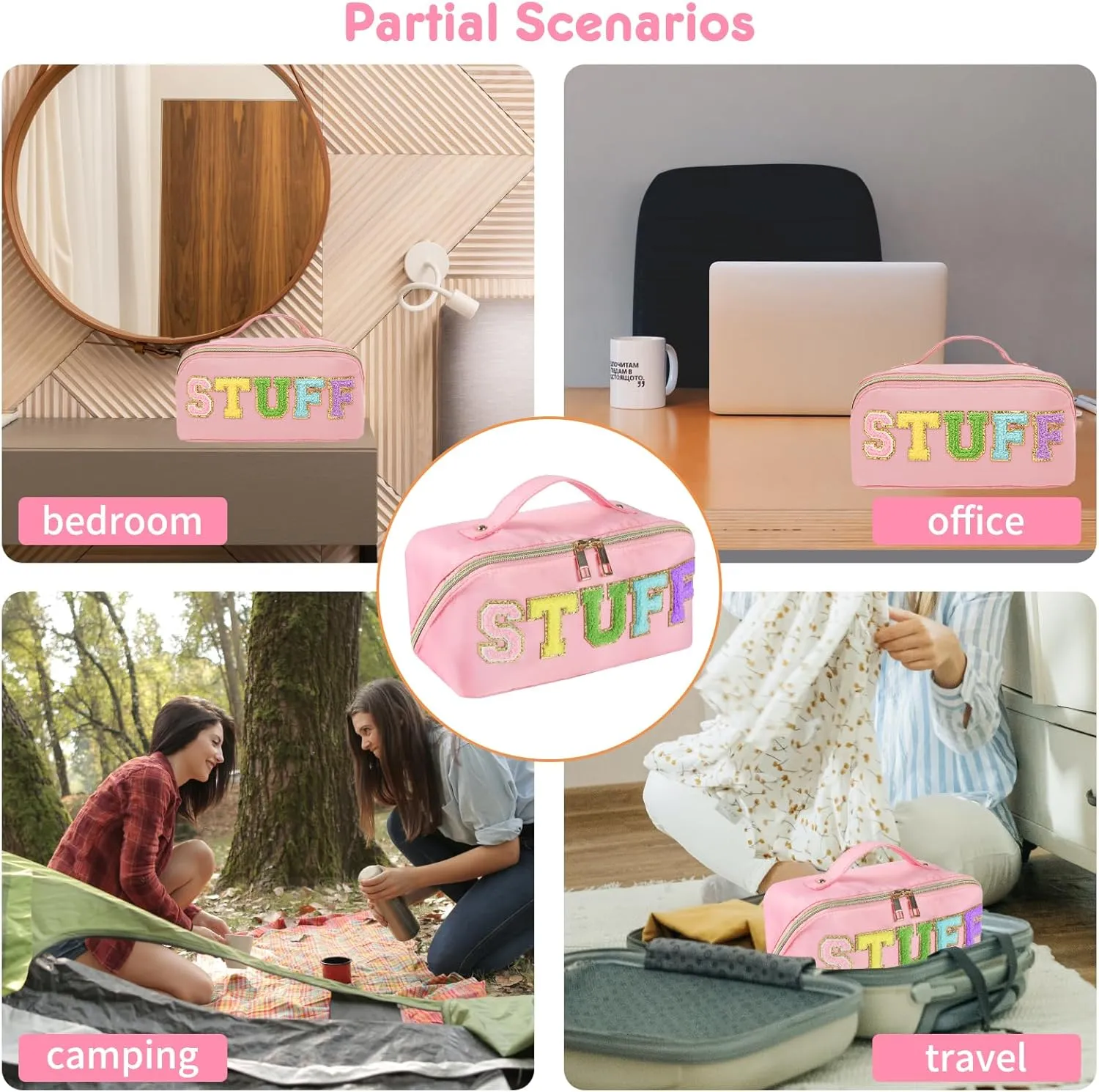 Preppy Stuff Makeup Bag, Stoney Clover Travel Toiletry Bag Pouch Chenille Letter Make Up Bags Girls Cute Cosmetic Bag Wedding Birthday Mothers Day Gifts for Women Stuff Bag (Pink)