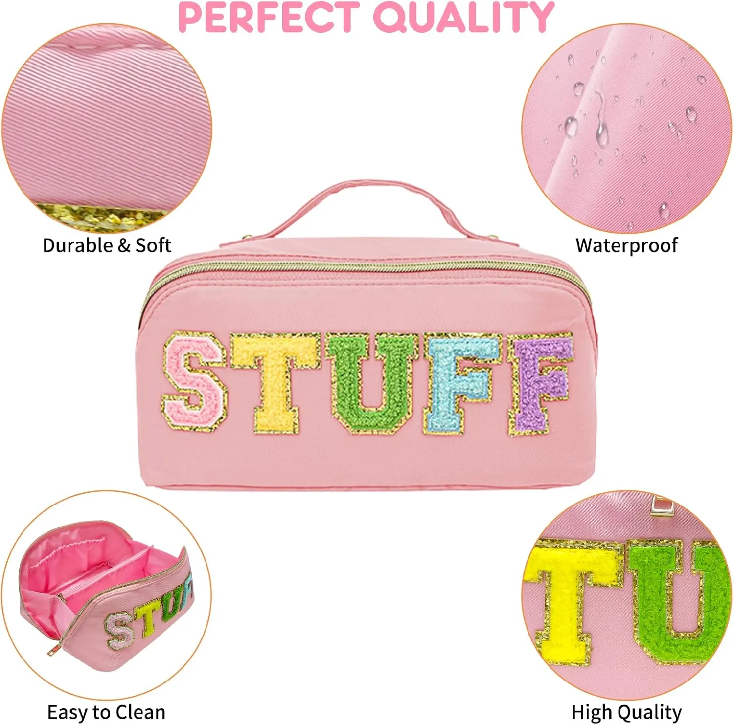 Preppy Stuff Makeup Bag, Stoney Clover Travel Toiletry Bag Pouch Chenille Letter Make Up Bags Girls Cute Cosmetic Bag Wedding Birthday Mothers Day Gifts for Women Stuff Bag (Pink)