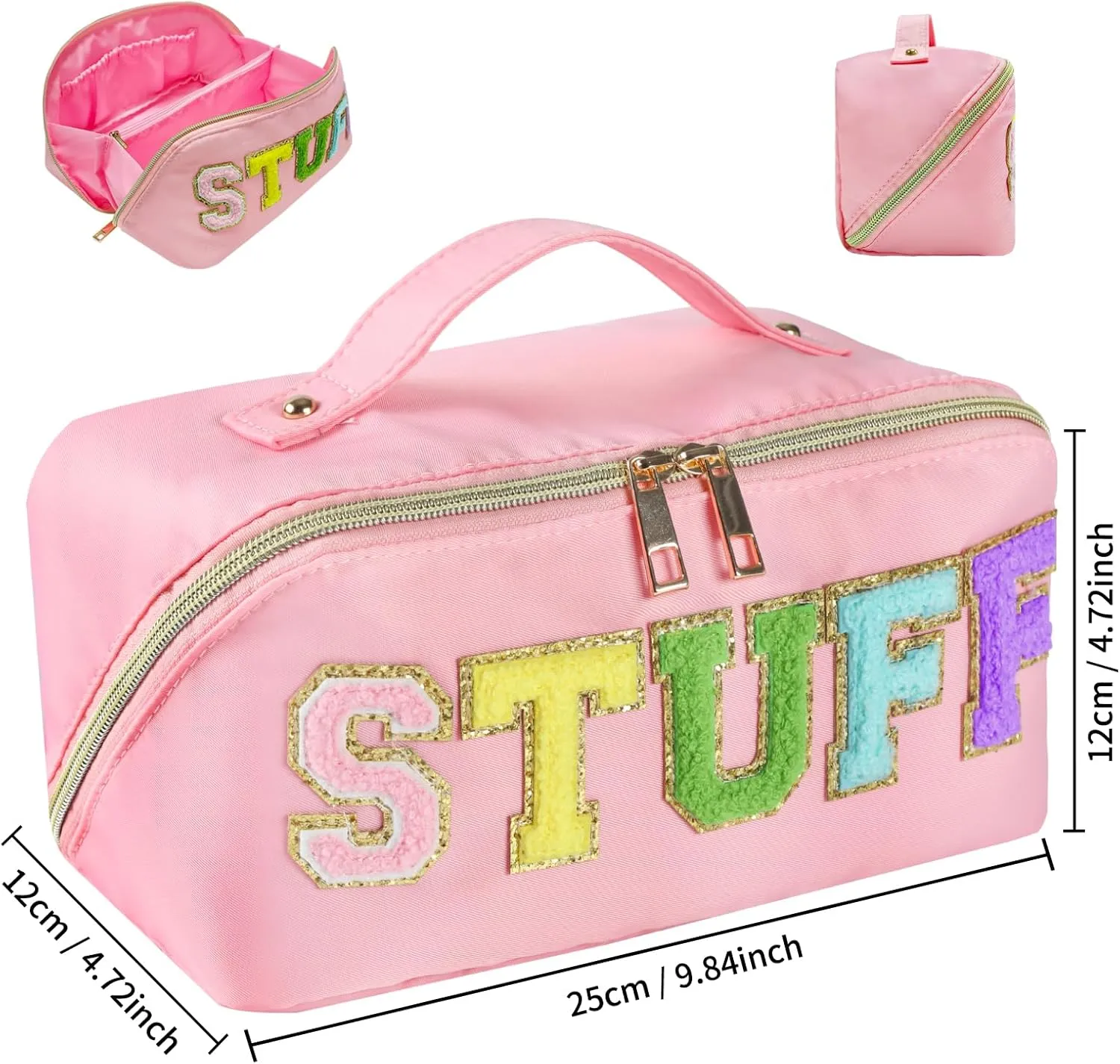 Preppy Stuff Makeup Bag, Stoney Clover Travel Toiletry Bag Pouch Chenille Letter Make Up Bags Girls Cute Cosmetic Bag Wedding Birthday Mothers Day Gifts for Women Stuff Bag (Pink)