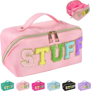 Preppy Stuff Makeup Bag, Stoney Clover Travel Toiletry Bag Pouch Chenille Letter Make Up Bags Girls Cute Cosmetic Bag Wedding Birthday Mothers Day Gifts for Women Stuff Bag (Pink)