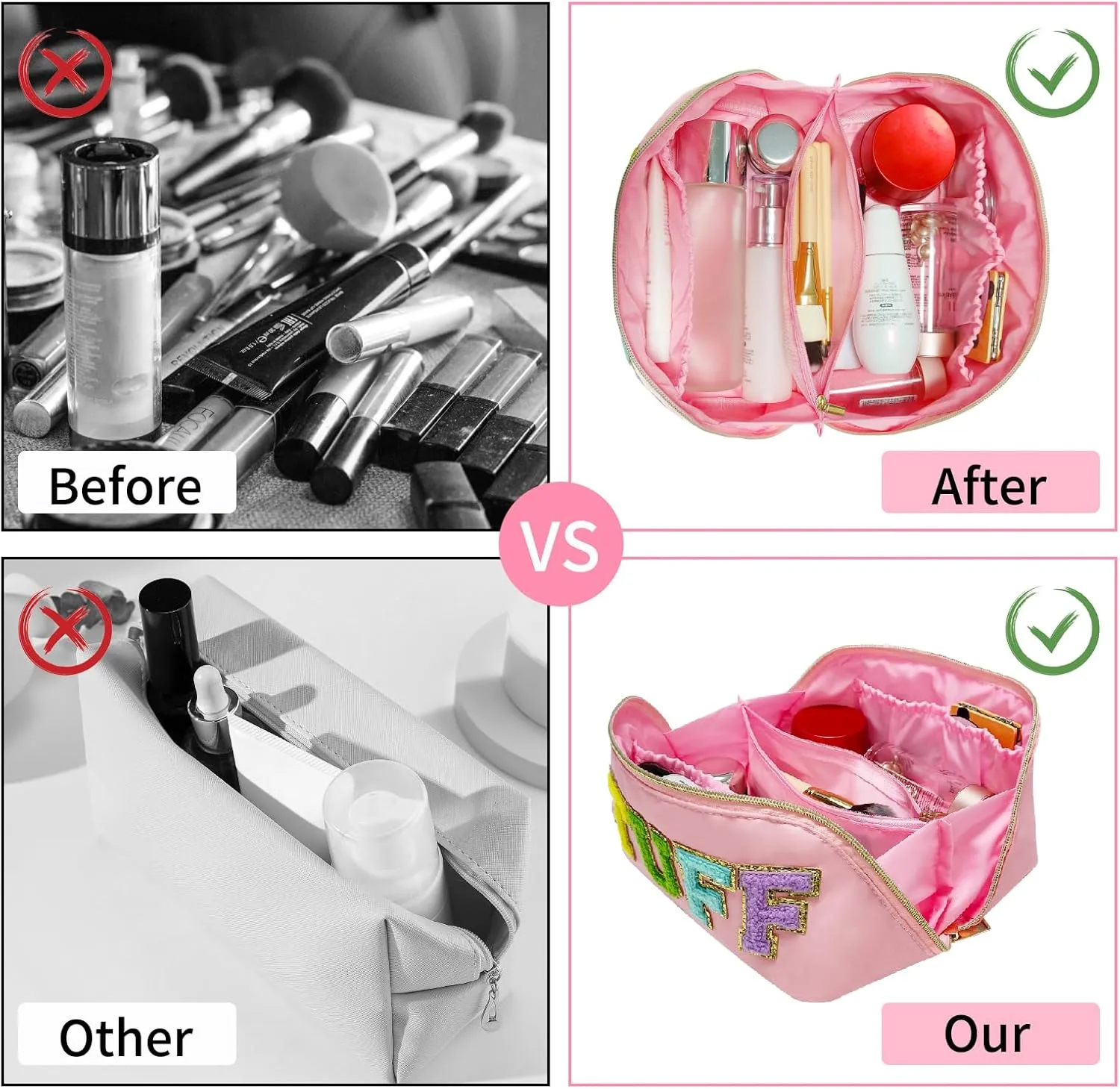 Preppy Stuff Makeup Bag, Stoney Clover Travel Toiletry Bag Pouch Chenille Letter Make Up Bags Girls Cute Cosmetic Bag Wedding Birthday Mothers Day Gifts for Women Stuff Bag (Pink)