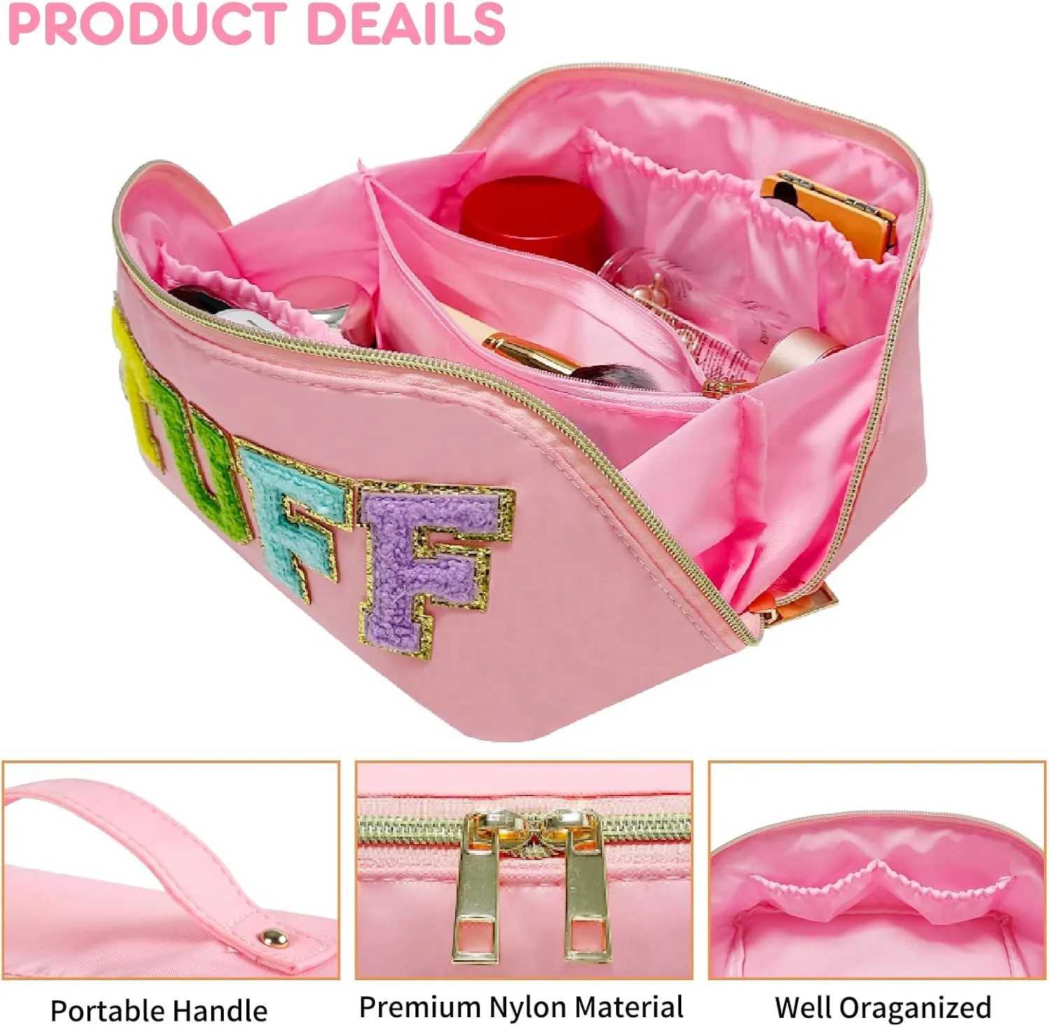 Preppy Stuff Makeup Bag, Stoney Clover Travel Toiletry Bag Pouch Chenille Letter Make Up Bags Girls Cute Cosmetic Bag Wedding Birthday Mothers Day Gifts for Women Stuff Bag (Pink)