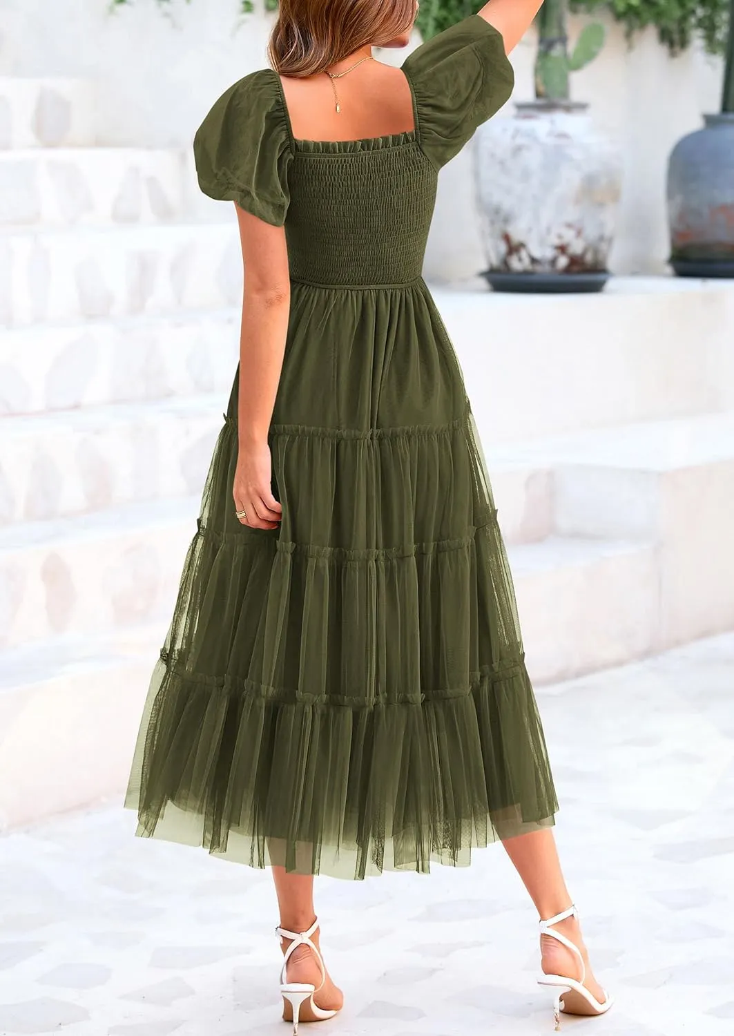 PRETTYGARDEN Women's Smocked Midi Tulle Dress 2025 Summer Puffy Short Sleeve Square Neck Ruffle Wedding Guest Party Dresses
