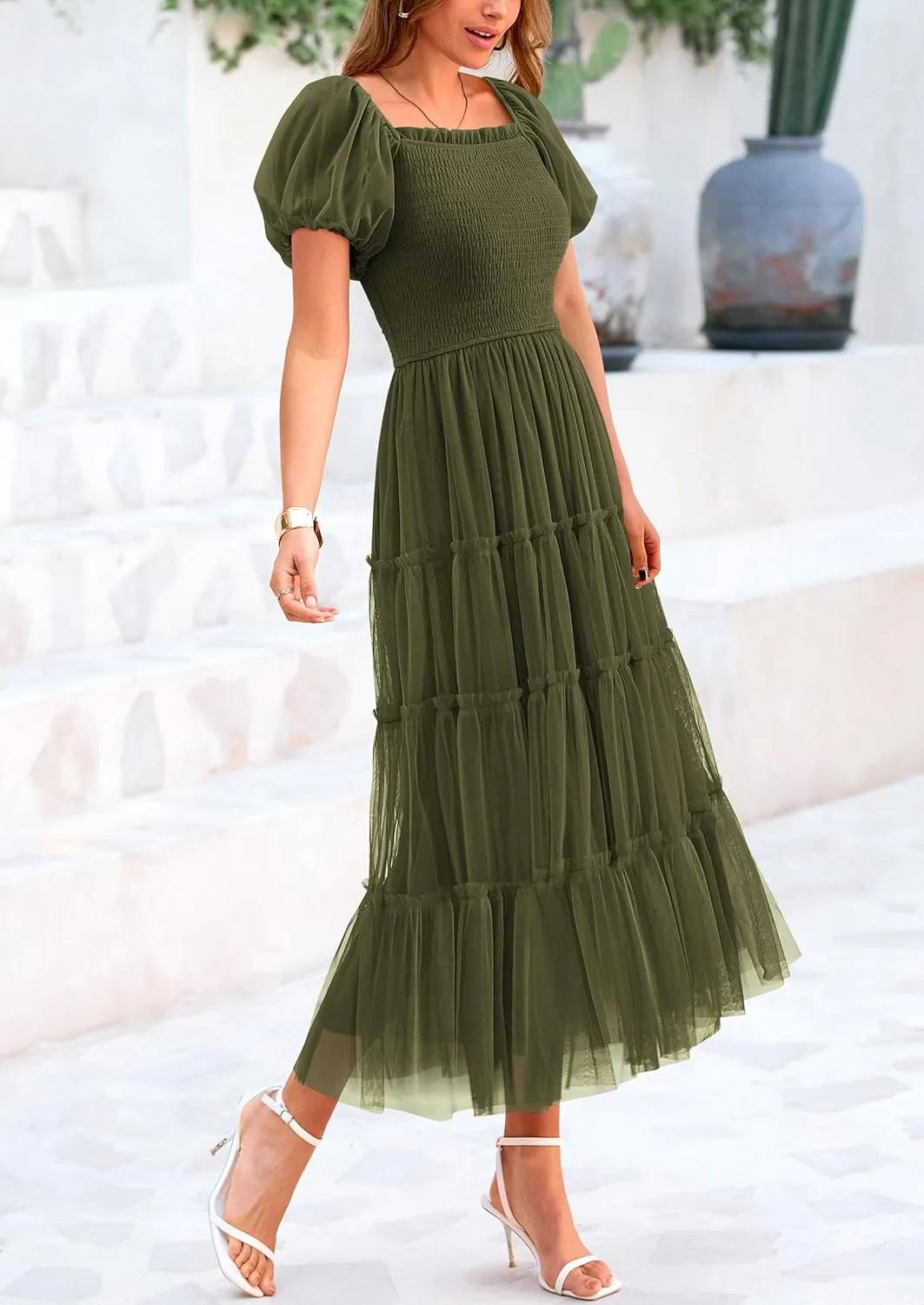 PRETTYGARDEN Women's Smocked Midi Tulle Dress 2025 Summer Puffy Short Sleeve Square Neck Ruffle Wedding Guest Party Dresses