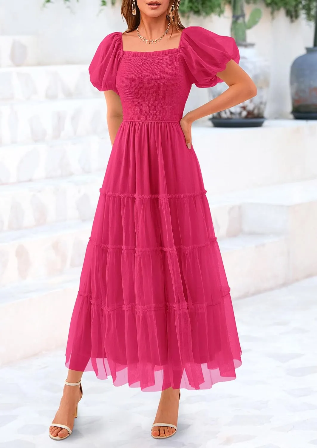 PRETTYGARDEN Women's Smocked Midi Tulle Dress 2025 Summer Puffy Short Sleeve Square Neck Ruffle Wedding Guest Party Dresses
