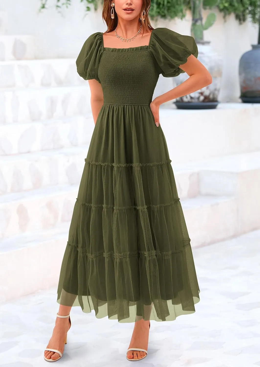 PRETTYGARDEN Women's Smocked Midi Tulle Dress 2025 Summer Puffy Short Sleeve Square Neck Ruffle Wedding Guest Party Dresses