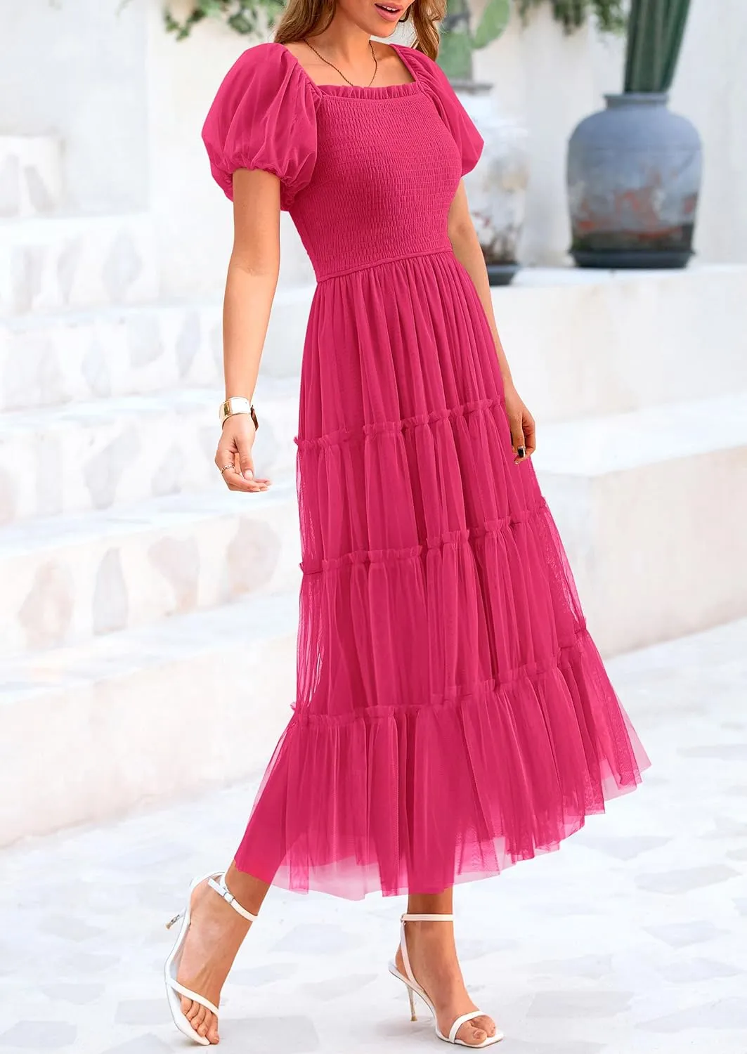 PRETTYGARDEN Women's Smocked Midi Tulle Dress 2025 Summer Puffy Short Sleeve Square Neck Ruffle Wedding Guest Party Dresses