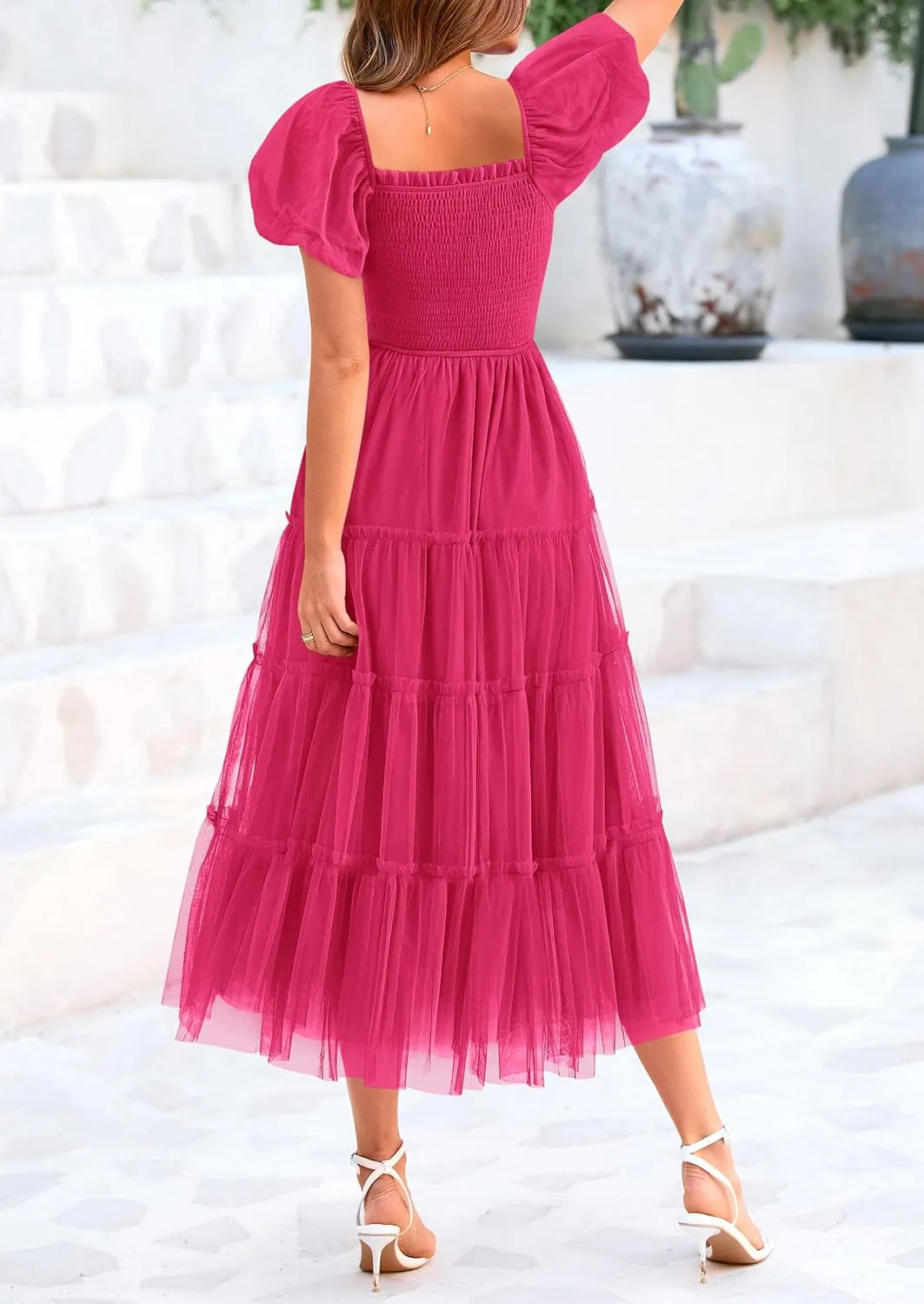 PRETTYGARDEN Women's Smocked Midi Tulle Dress 2025 Summer Puffy Short Sleeve Square Neck Ruffle Wedding Guest Party Dresses