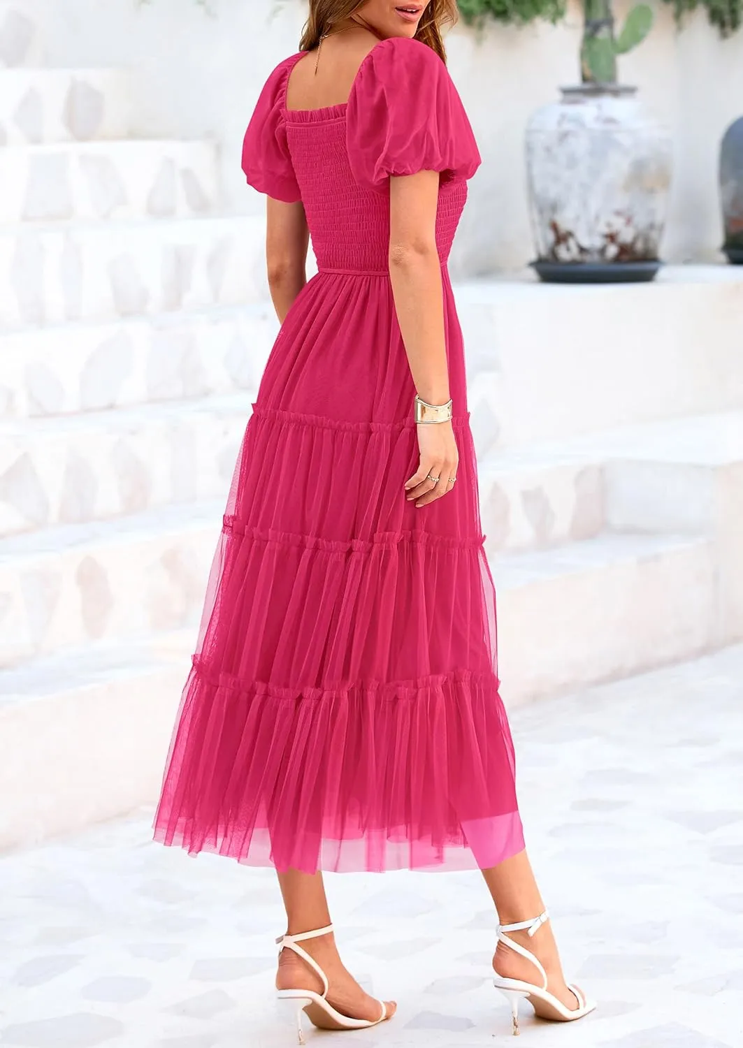 PRETTYGARDEN Women's Smocked Midi Tulle Dress 2025 Summer Puffy Short Sleeve Square Neck Ruffle Wedding Guest Party Dresses