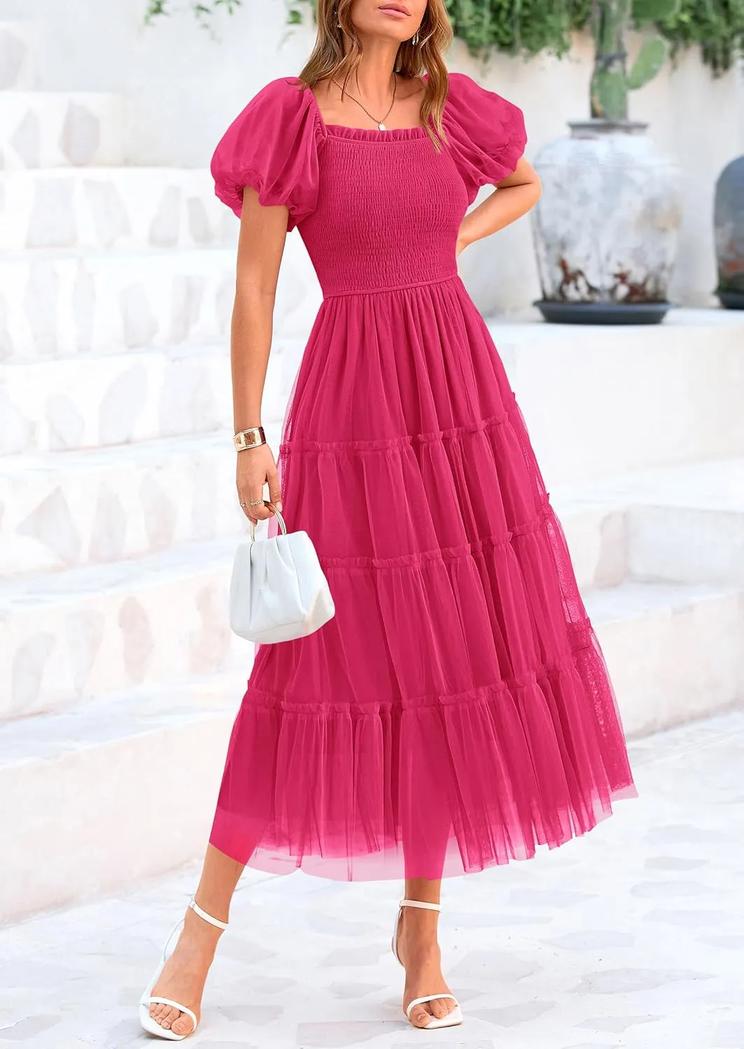PRETTYGARDEN Women's Smocked Midi Tulle Dress 2025 Summer Puffy Short Sleeve Square Neck Ruffle Wedding Guest Party Dresses