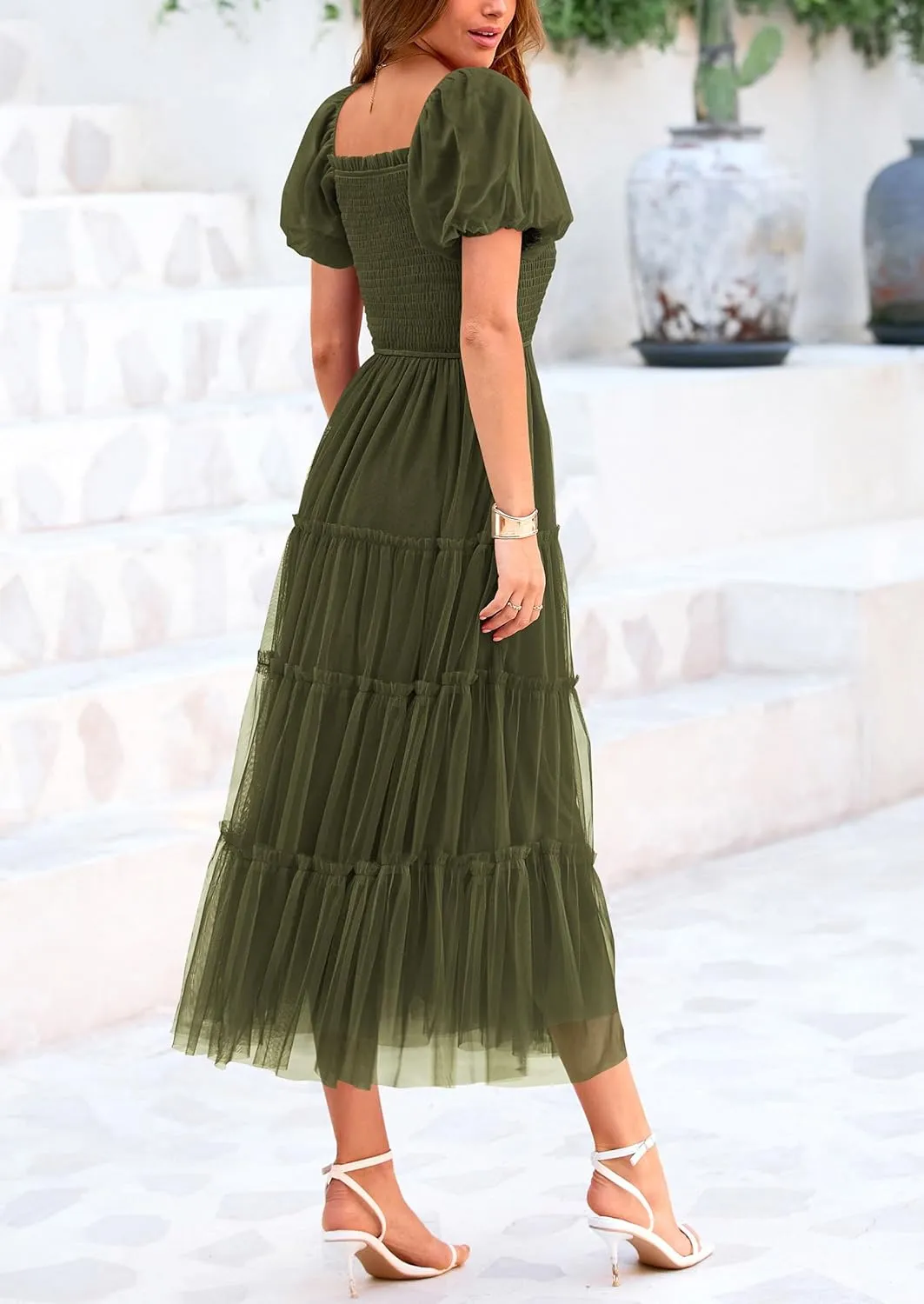 PRETTYGARDEN Women's Smocked Midi Tulle Dress 2025 Summer Puffy Short Sleeve Square Neck Ruffle Wedding Guest Party Dresses