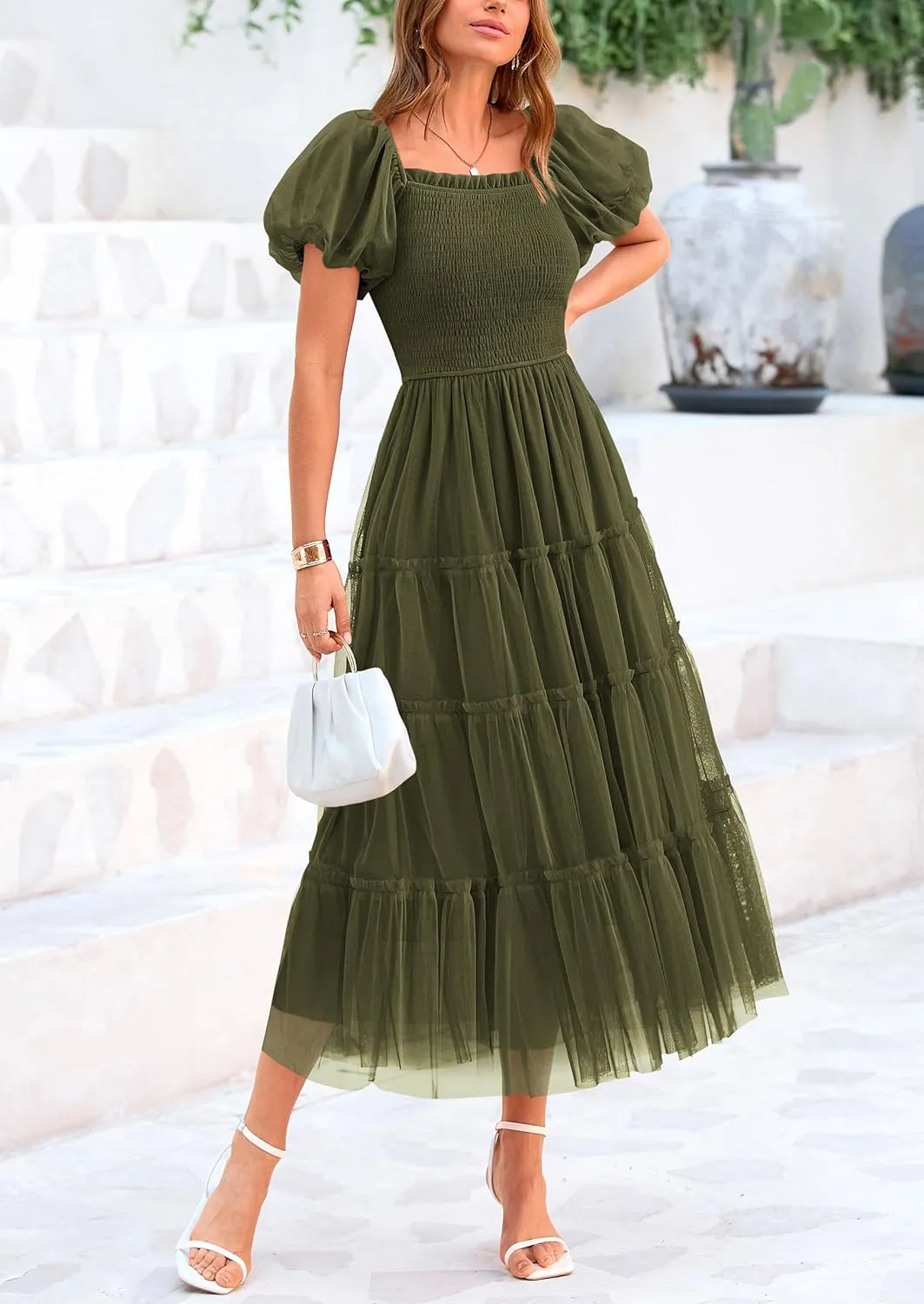 PRETTYGARDEN Women's Smocked Midi Tulle Dress 2025 Summer Puffy Short Sleeve Square Neck Ruffle Wedding Guest Party Dresses