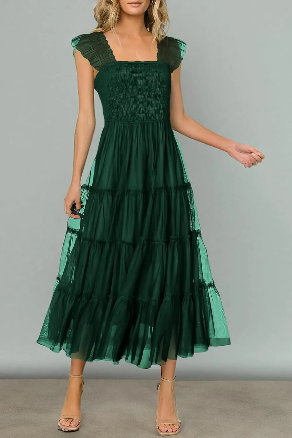 PRETTYGARDEN Women's Summer Midi Tulle Dress Sleeveless Smocked Square Neck Ruffle Flowy Party Wedding Guest Sundress