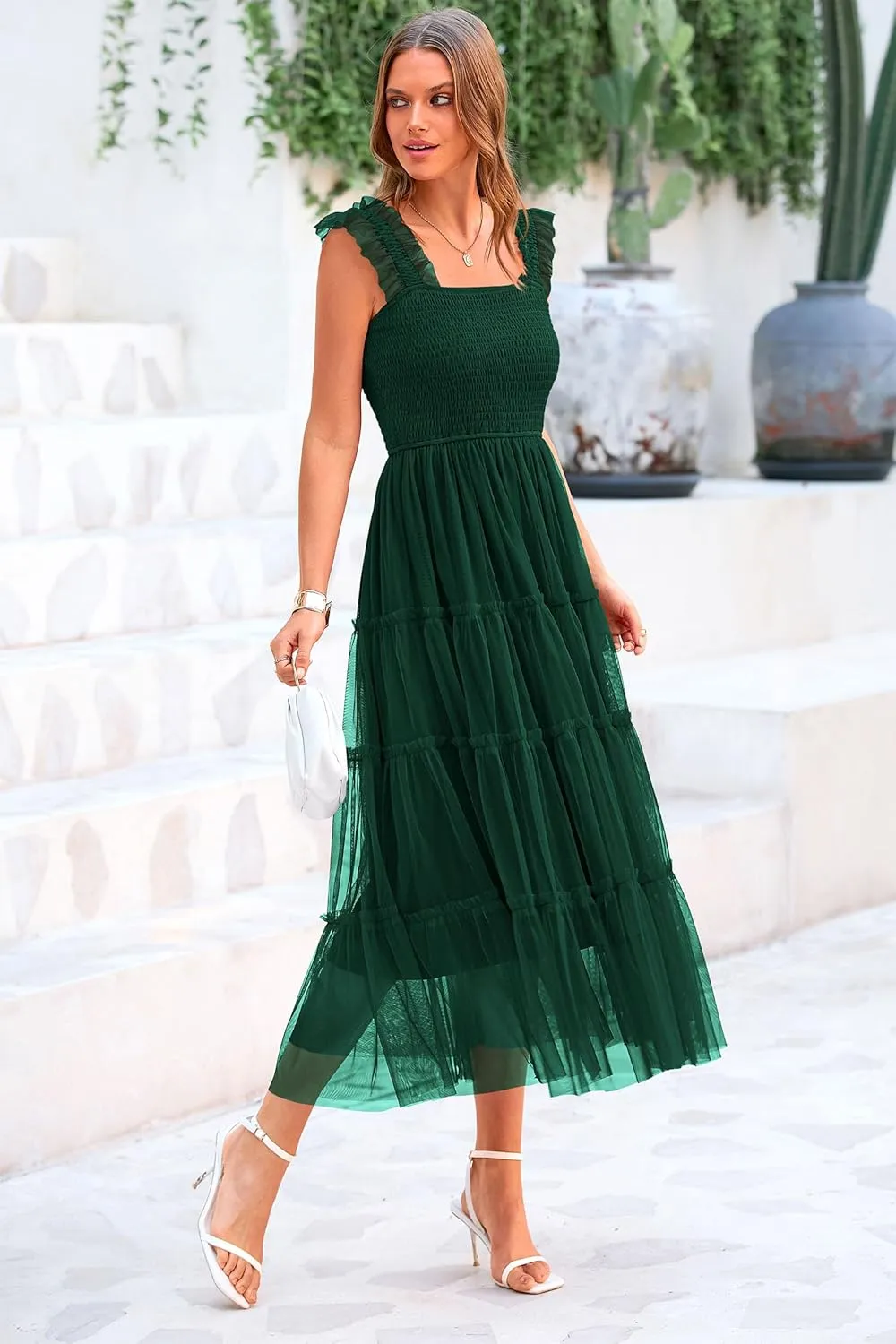 PRETTYGARDEN Women's Summer Midi Tulle Dress Sleeveless Smocked Square Neck Ruffle Flowy Party Wedding Guest Sundress