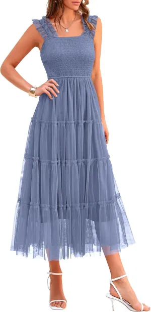 PRETTYGARDEN Women's Summer Midi Tulle Dress Sleeveless Smocked Square Neck Ruffle Flowy Party Wedding Guest Sundress