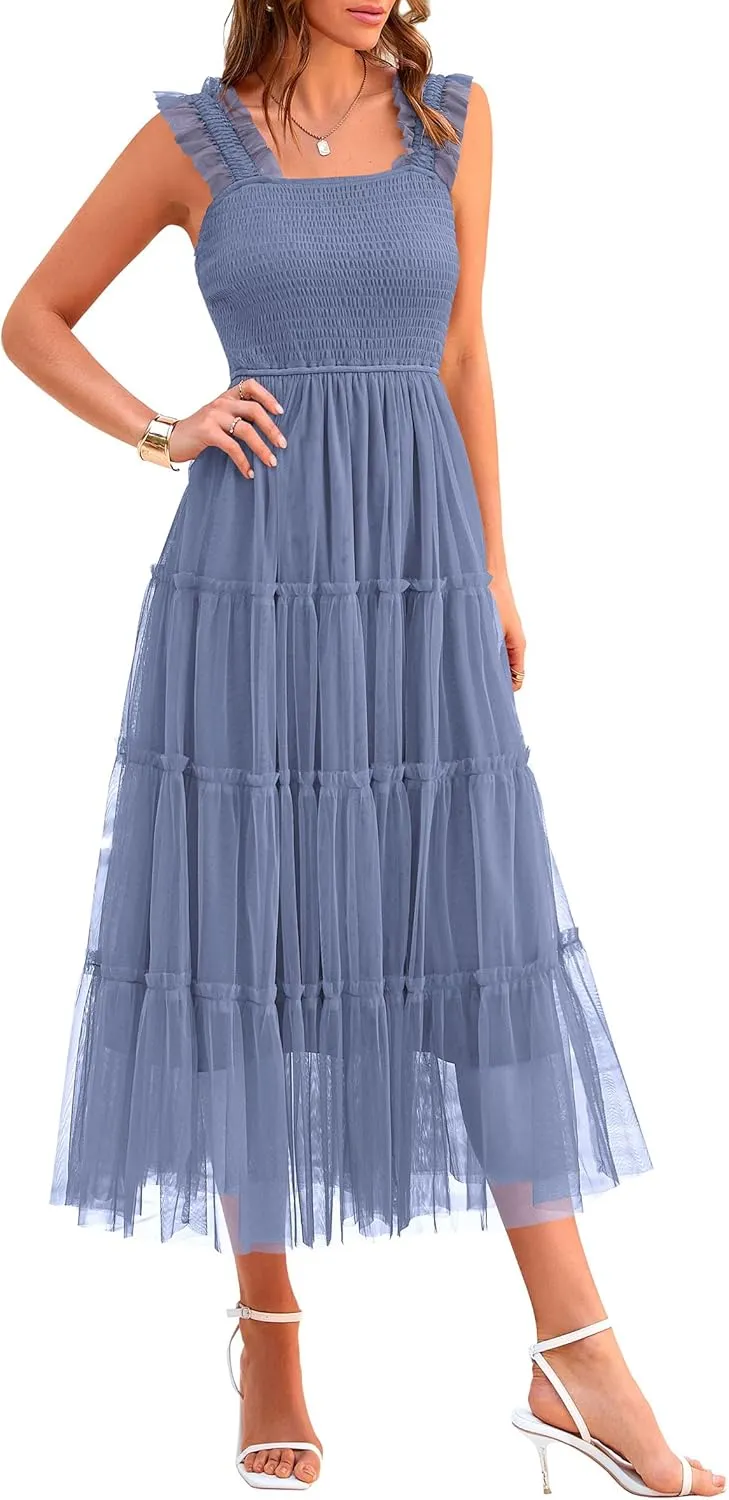 PRETTYGARDEN Women's Summer Midi Tulle Dress Sleeveless Smocked Square Neck Ruffle Flowy Party Wedding Guest Sundress