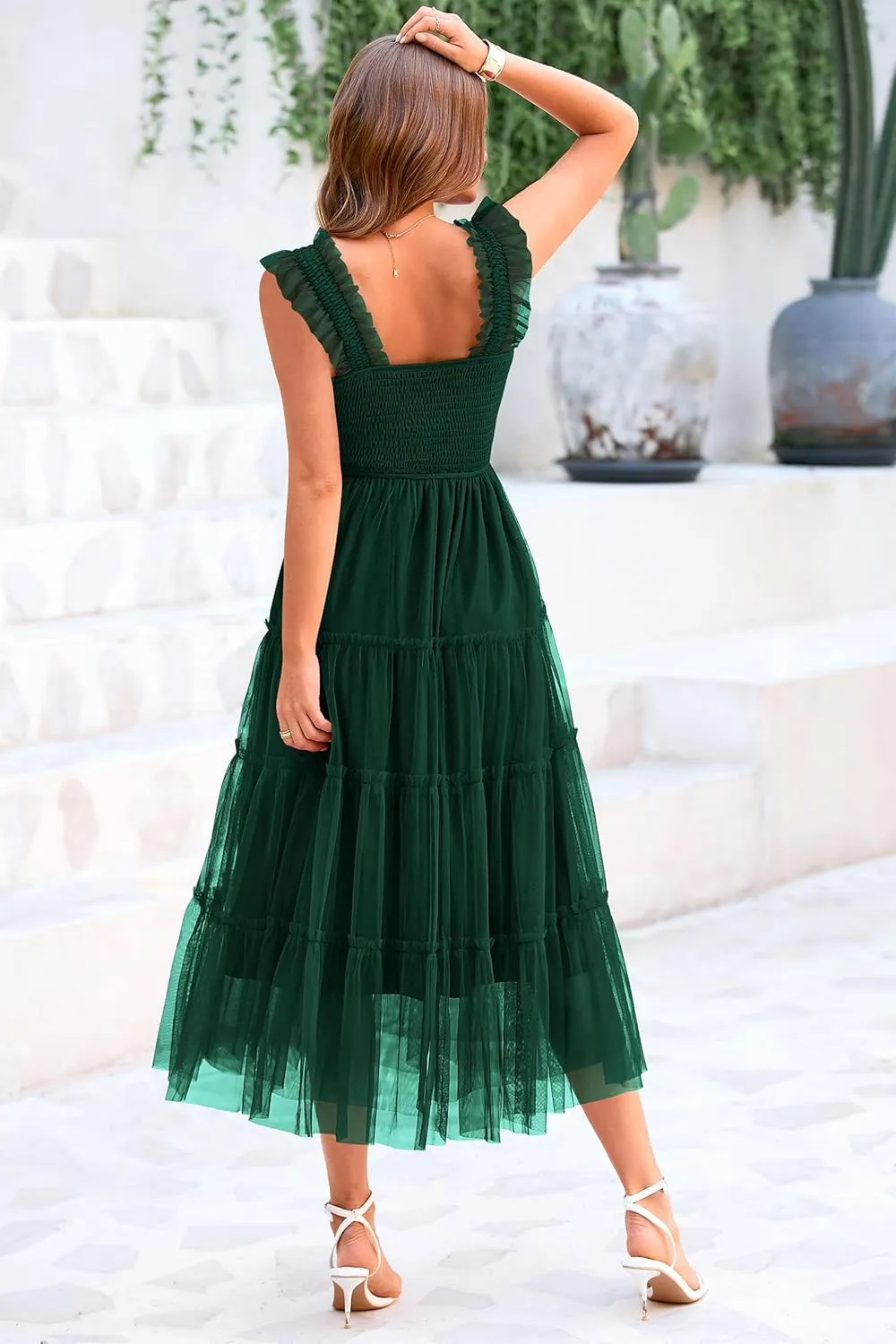 PRETTYGARDEN Women's Summer Midi Tulle Dress Sleeveless Smocked Square Neck Ruffle Flowy Party Wedding Guest Sundress