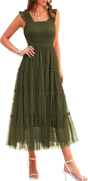 PRETTYGARDEN Women's Summer Midi Tulle Dress Sleeveless Smocked Square Neck Ruffle Flowy Party Wedding Guest Sundress
