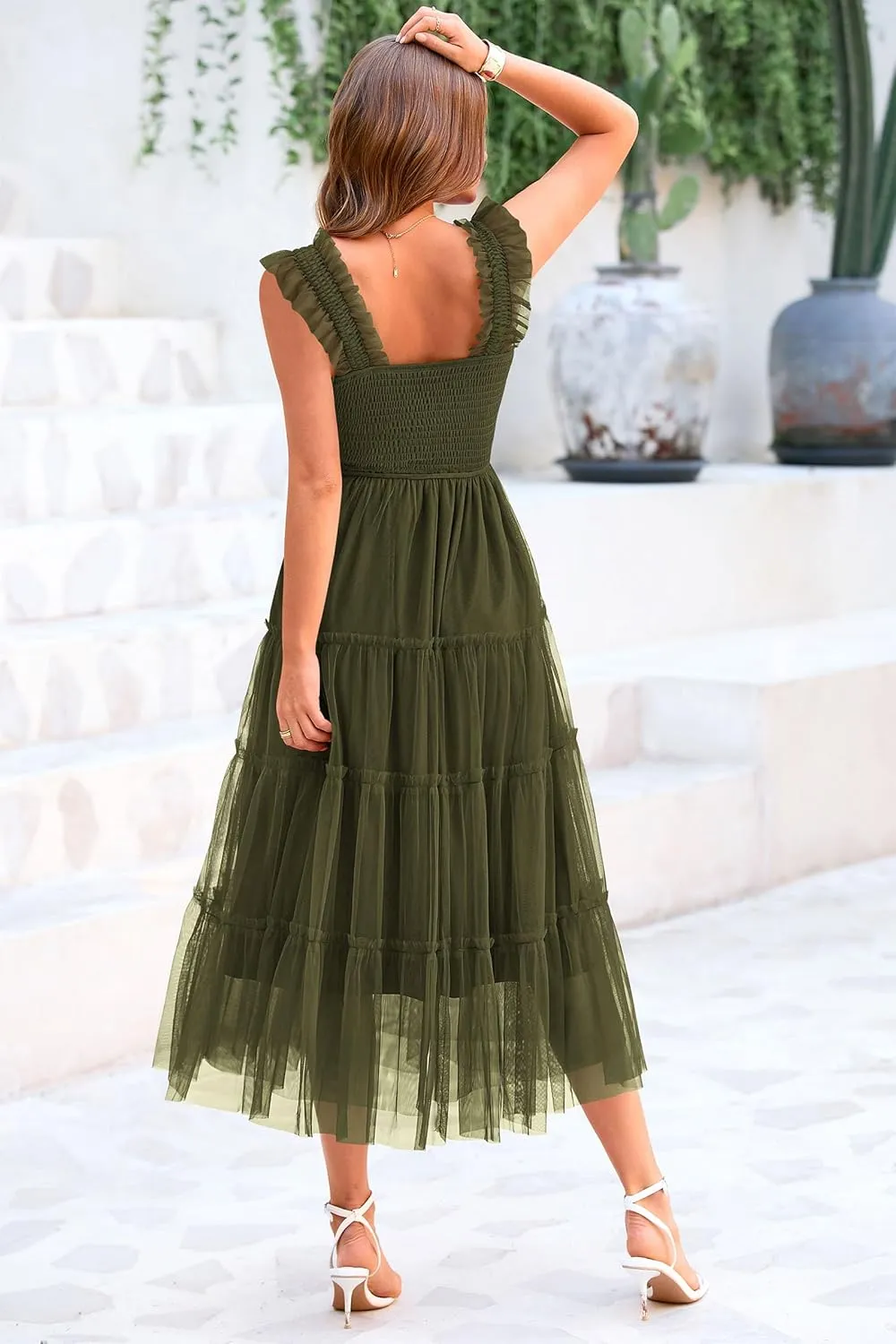 PRETTYGARDEN Women's Summer Midi Tulle Dress Sleeveless Smocked Square Neck Ruffle Flowy Party Wedding Guest Sundress