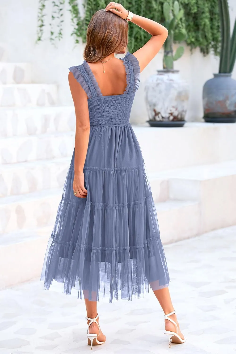 PRETTYGARDEN Women's Summer Midi Tulle Dress Sleeveless Smocked Square Neck Ruffle Flowy Party Wedding Guest Sundress
