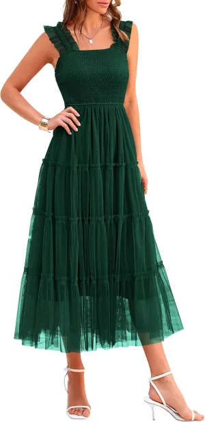 PRETTYGARDEN Women's Summer Midi Tulle Dress Sleeveless Smocked Square Neck Ruffle Flowy Party Wedding Guest Sundress