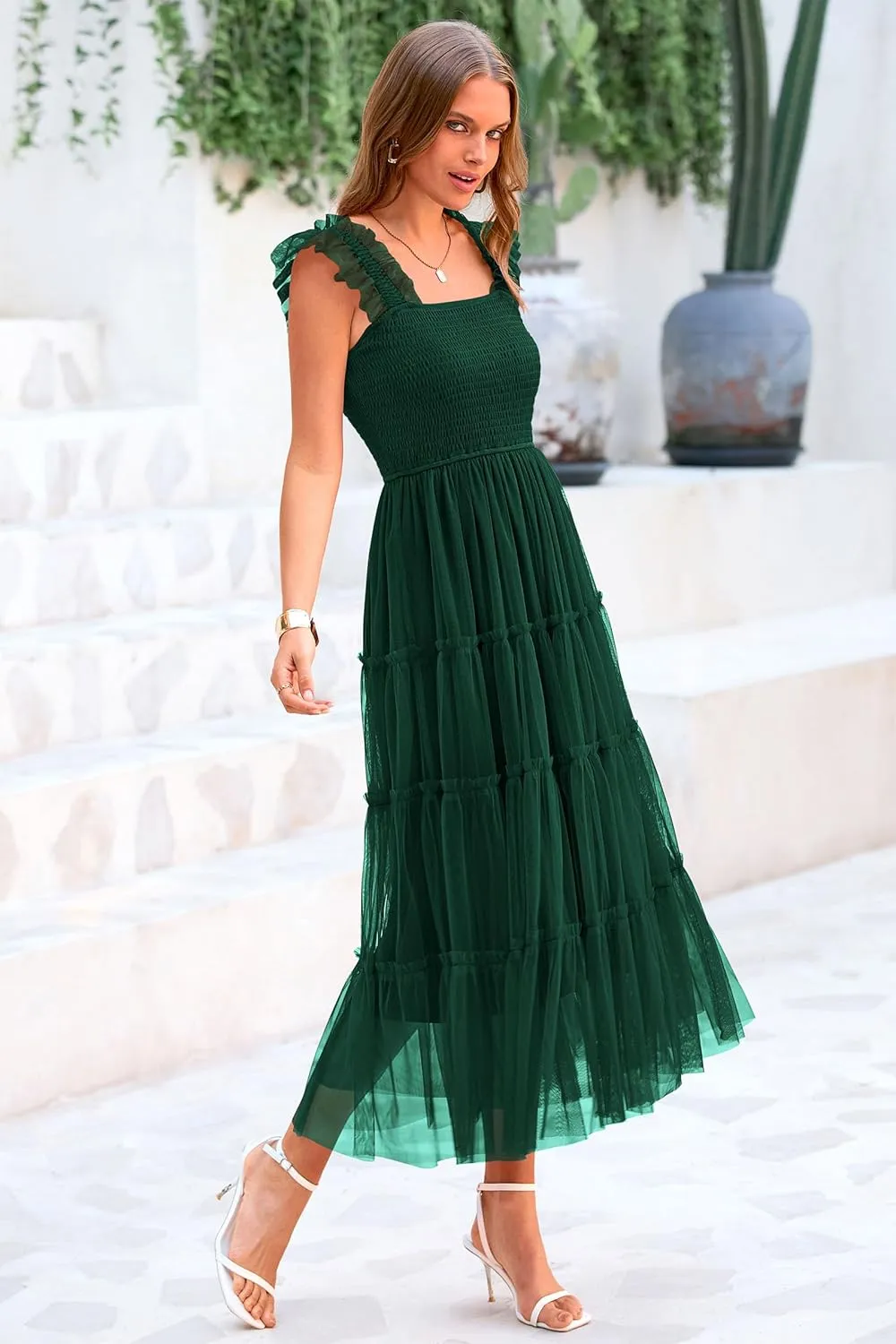 PRETTYGARDEN Women's Summer Midi Tulle Dress Sleeveless Smocked Square Neck Ruffle Flowy Party Wedding Guest Sundress