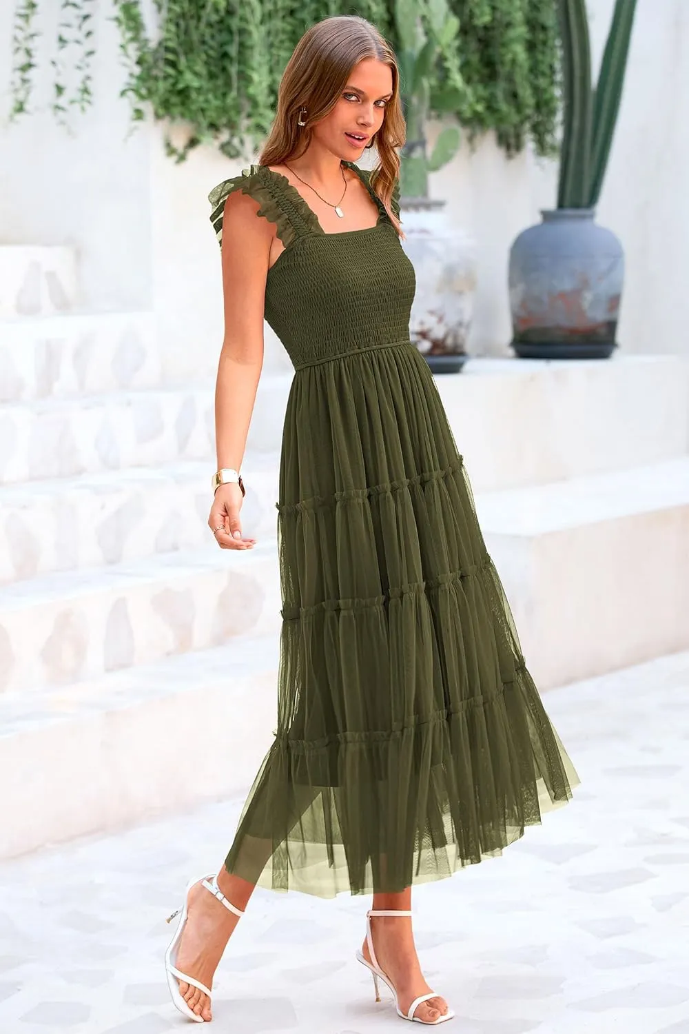 PRETTYGARDEN Women's Summer Midi Tulle Dress Sleeveless Smocked Square Neck Ruffle Flowy Party Wedding Guest Sundress