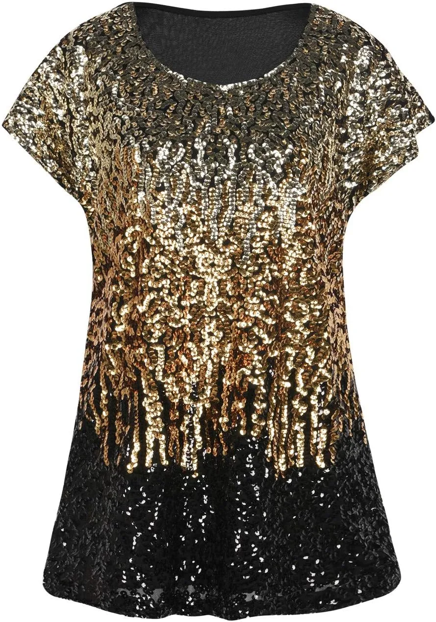 PrettyGuide Women's Sequin Top Shimmer Glitter Loose Bat Sleeve Party Tunic Tops