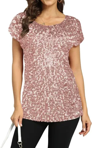 PrettyGuide Women's Sequin Top Shimmer Glitter Loose Bat Sleeve Party Tunic Tops