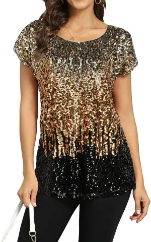 PrettyGuide Women's Sequin Top Shimmer Glitter Loose Bat Sleeve Party Tunic Tops