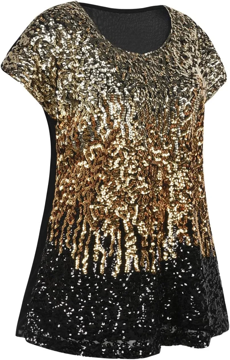 PrettyGuide Women's Sequin Top Shimmer Glitter Loose Bat Sleeve Party Tunic Tops