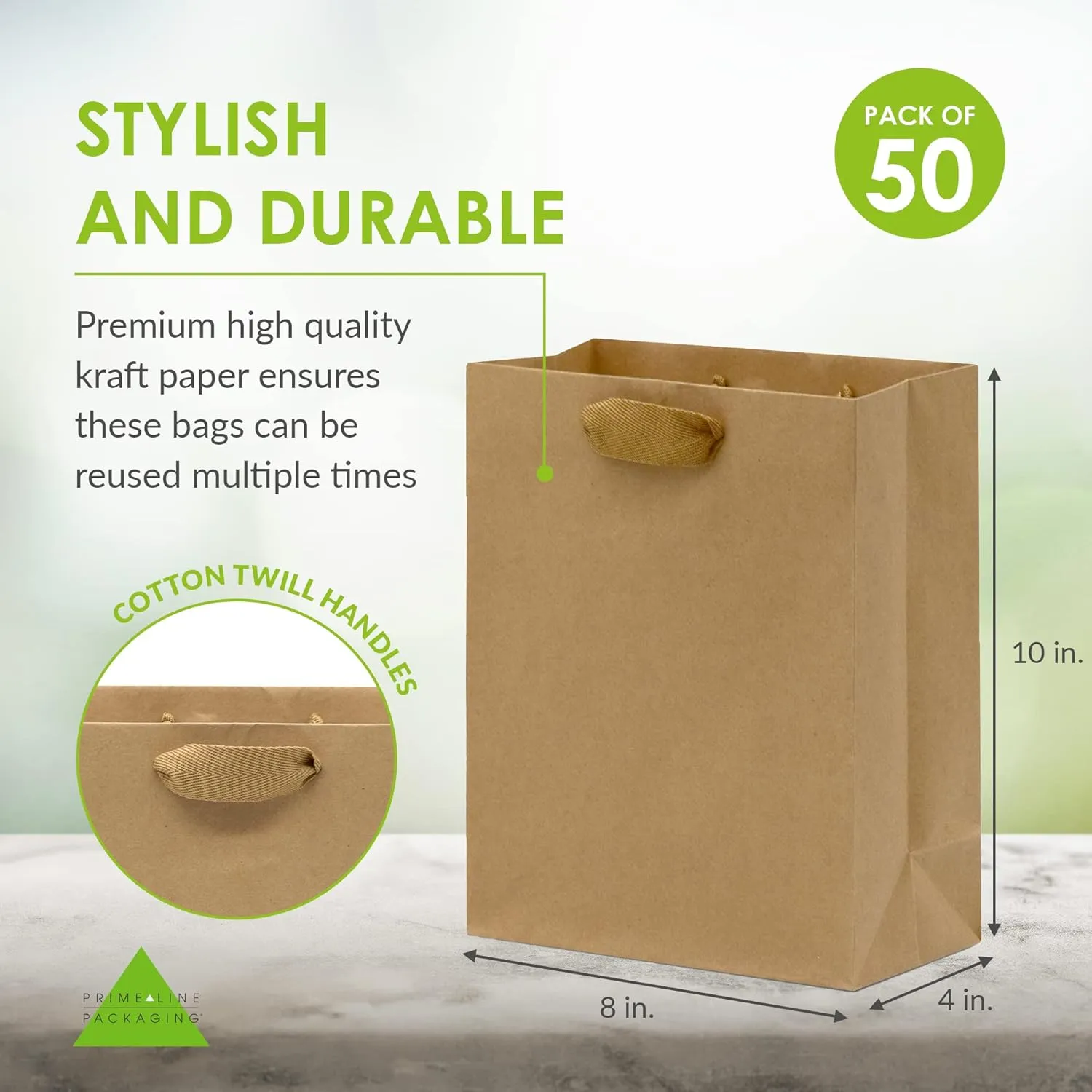 Prime Line Packaging Brown Gift Bags with Handles, Kraft Paper Bags for Small Business, Boutiques, Retail, Merchandise, Party Favors, Bulk, 8x4x10 50 Pack