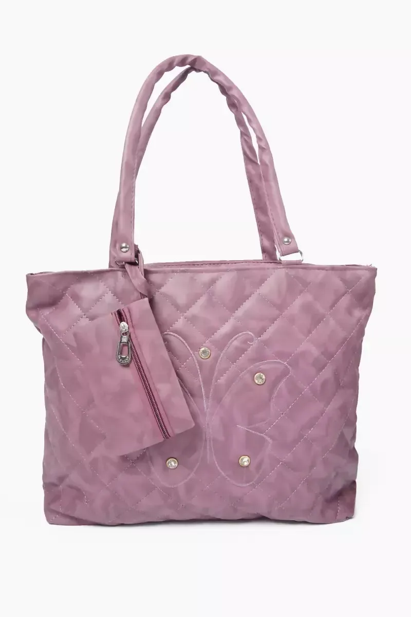 PU Leather Butterfly Design Hand Bag for Women - Mauve
