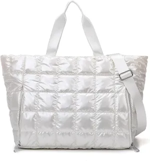 Puffer Tote Bag 32L, Cotton Padded Shoulder Bag for Women, Large Waterproof Puffy Handbag for Yoga Swim Shopping