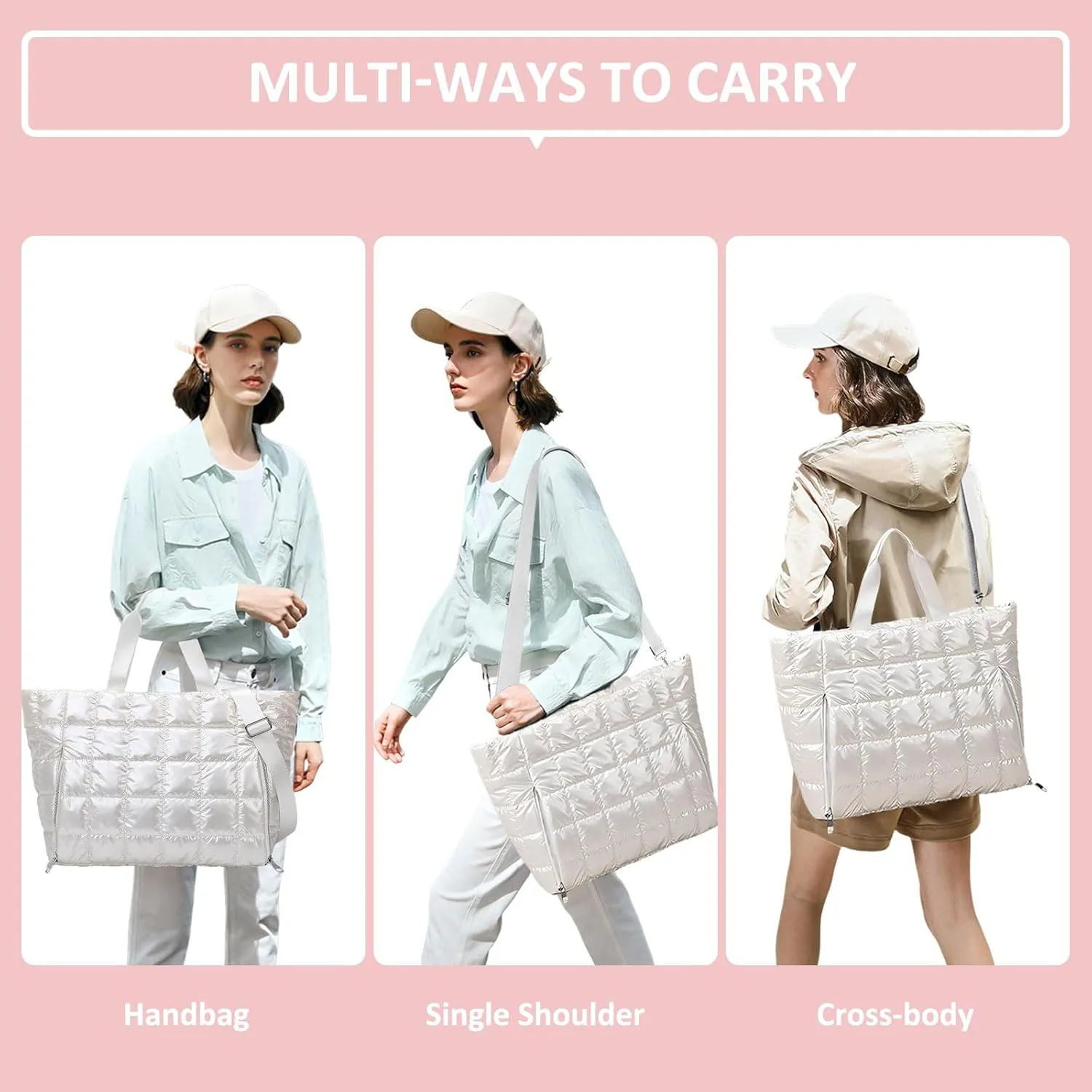 Puffer Tote Bag 32L, Cotton Padded Shoulder Bag for Women, Large Waterproof Puffy Handbag for Yoga Swim Shopping