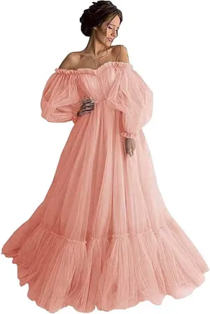 Puffy Tulle Long Sleeve Prom Dress Off The Shoulder Ruffles Laces Applique Formal Evening Gowns for Women