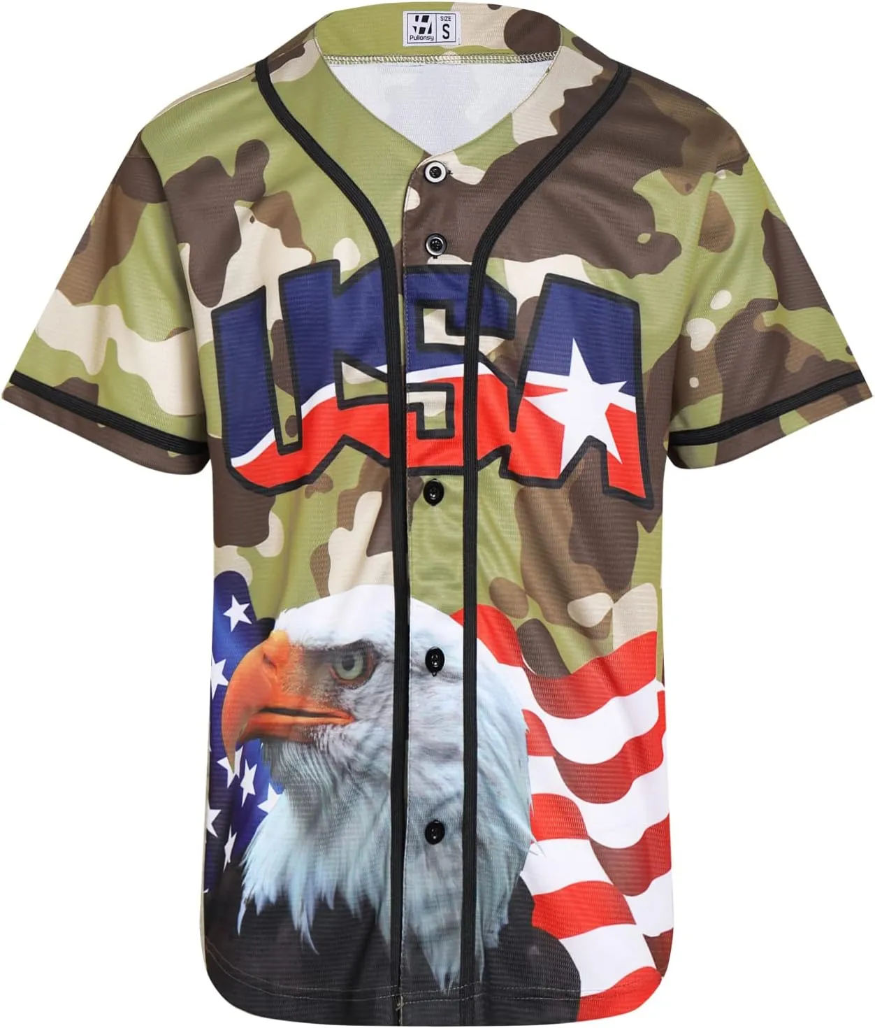 Pullonsy Adult American Flag Patriotic Baseball Jerseys Style Shirts for Men USA Eagle Outfits