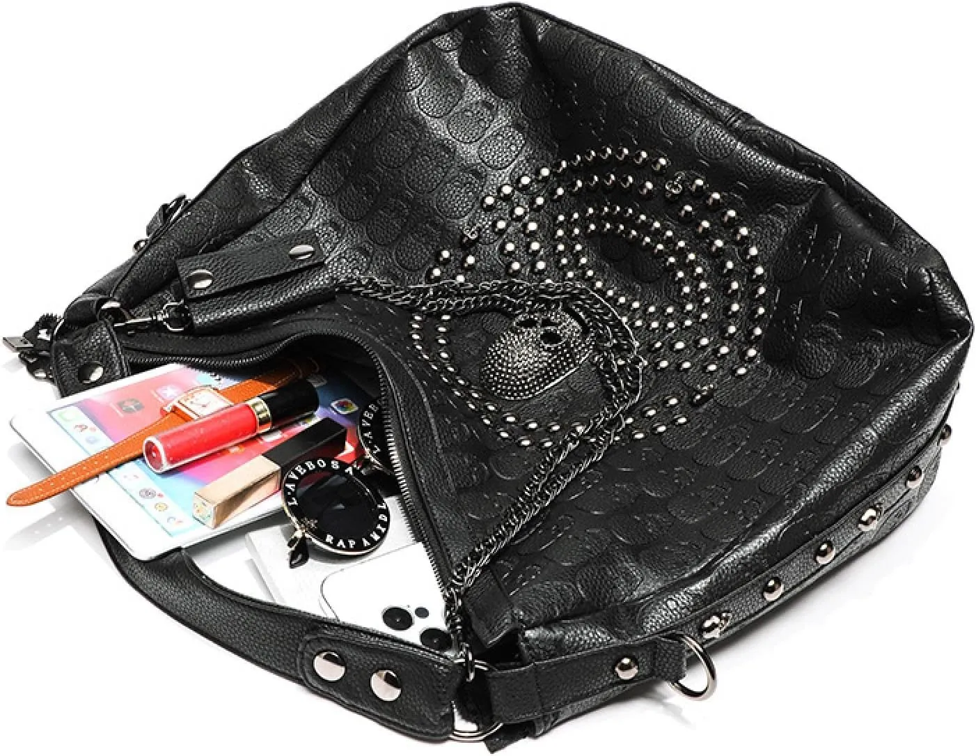 Punk black bag, studded skull, crossbody tote bag